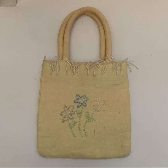 Y2K mini handbag yellow Old Navy mini with beaded fringe and flowers boho hippie - Picture 2 of 7